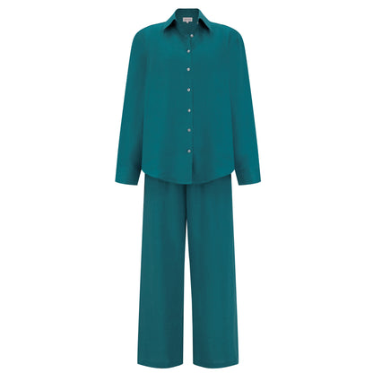 Wide Leg Linen Pants - Teal Green